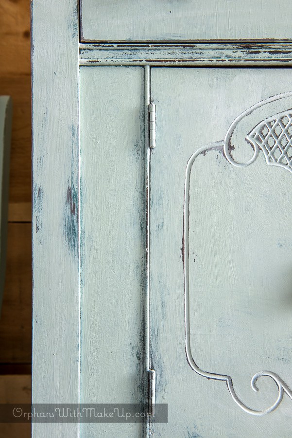 Buffet Sideboard with reclaimed wood ladder . This buffet is painted in Inglenook from Fusion Mineral Paint. This rustic distressed french country chic look is a beautiful farmhouse style.