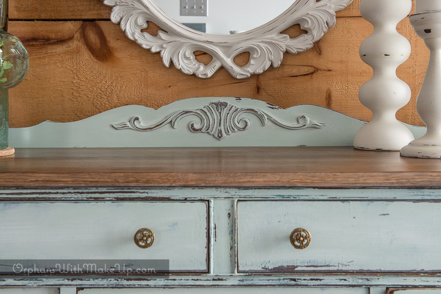 Buffet Sideboard with reclaimed wood ladder . This buffet is painted in Inglenook from Fusion Mineral Paint. This rustic distressed french country chic look is a beautiful farmhouse style.