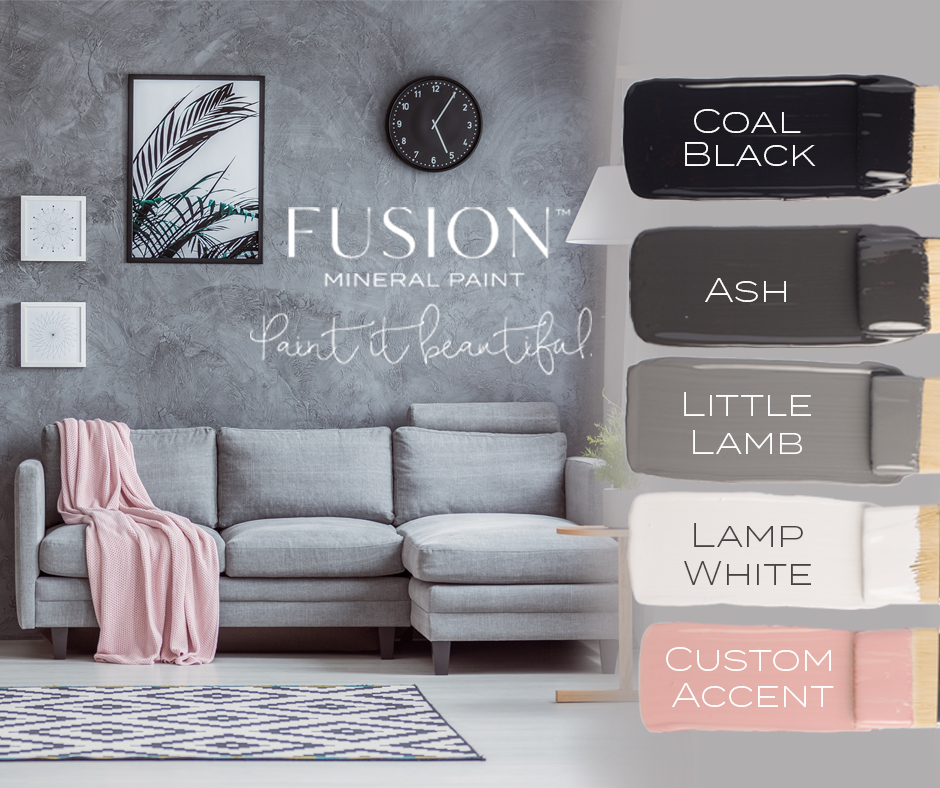 February's Color Story from Fusion Mineral Paint featuring Coal Black, Ash, Little Lamb, Lamp White, and a custom accent color.