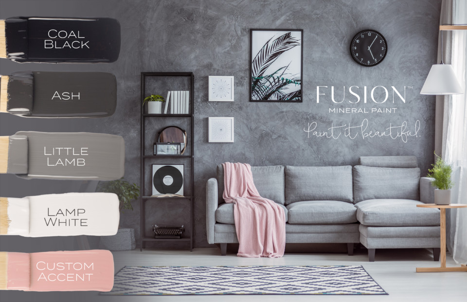 February's Color Story from Fusion Mineral Paint featuring Coal Black, Ash, Little Lamb, Lamp White, and a custom accent color.