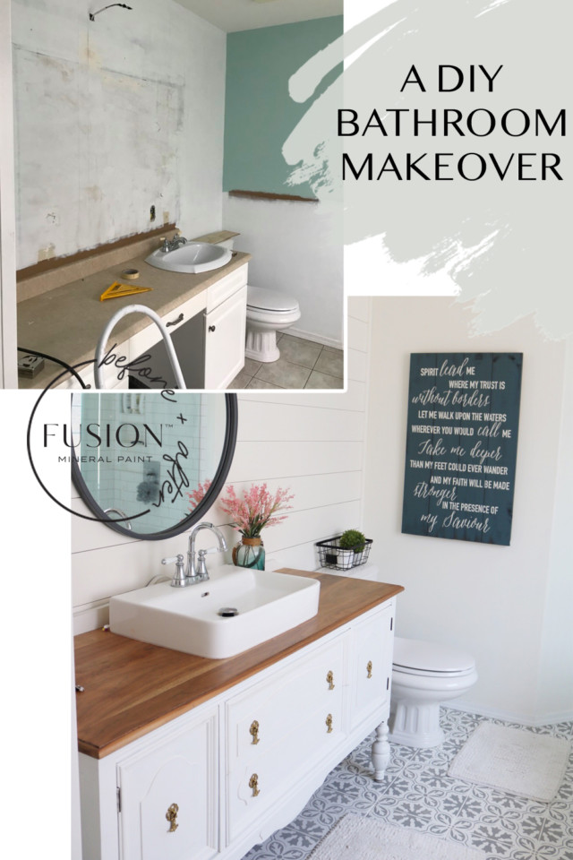 Dramatic before and after bathroom makeover with furniture paint