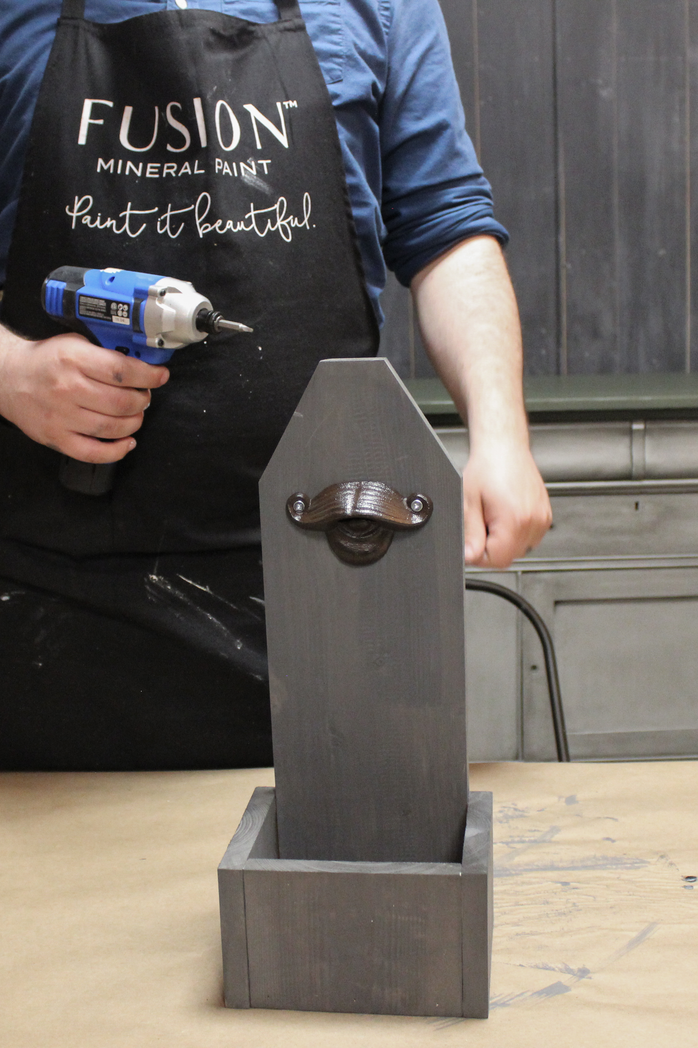 Building a bottle opener out of wood and staining it with Fusion Mineral Paint in Soap Stone