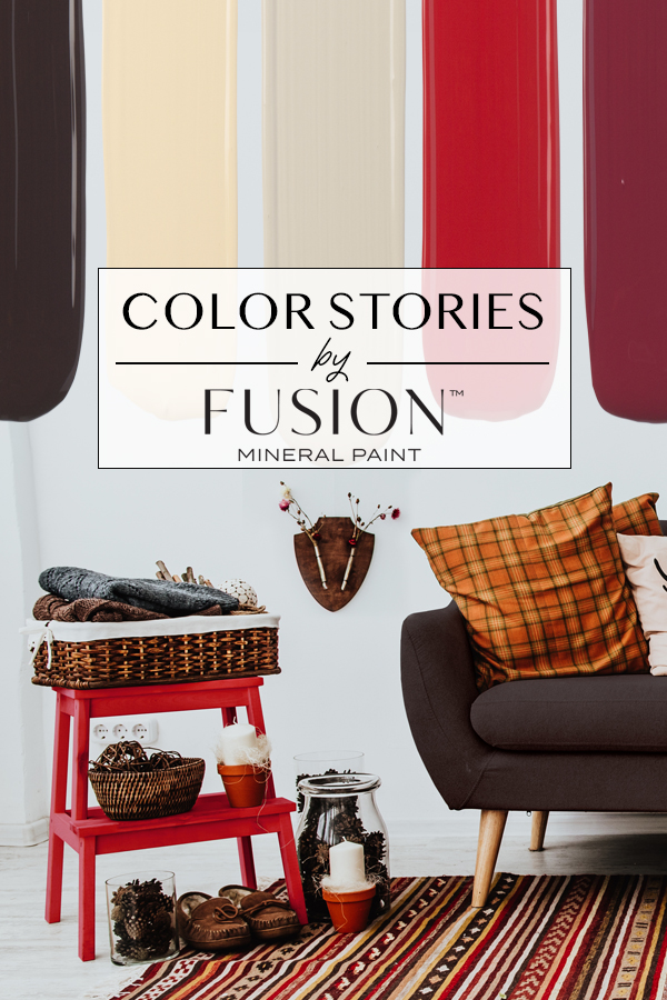 October's Color Story from Fusion Mineral Paint, featuring Chocolate, Buttermilk Cream, Bedford, Fort York Red, and Cranberry.