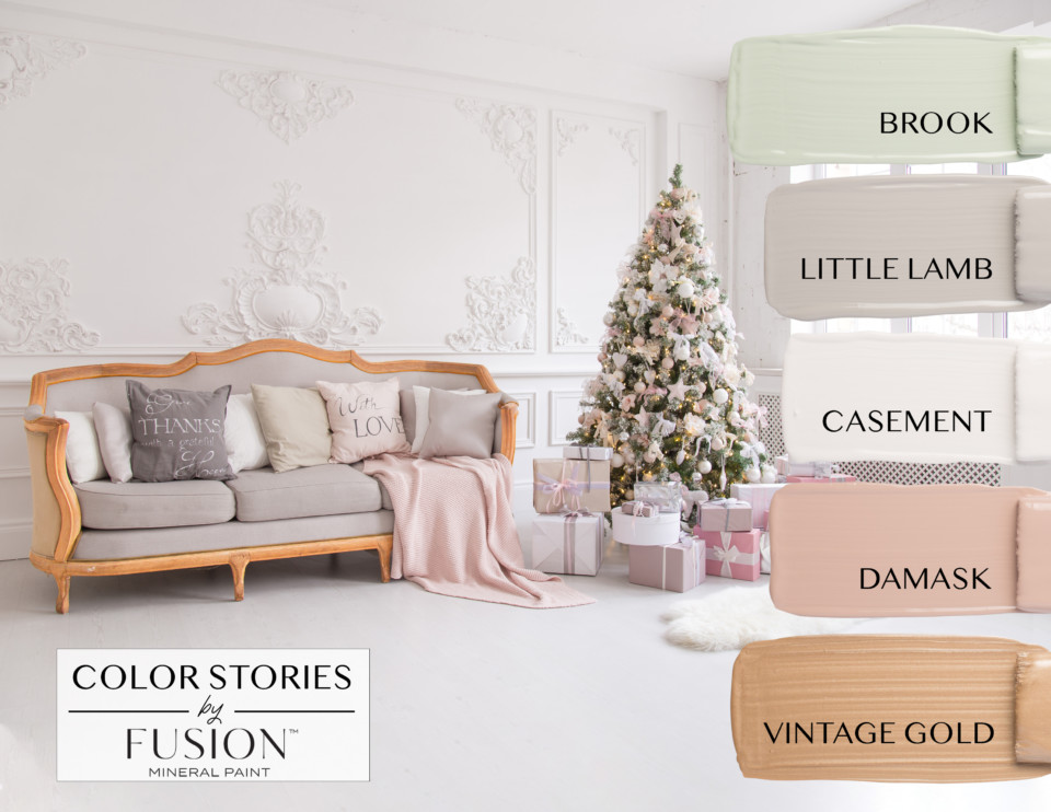 December's color story from Fusion Mineral Paint featuring brook little lamb casement damask and vintage gold