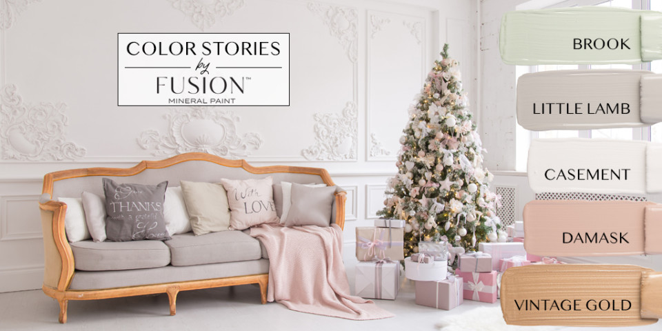 December's color story from Fusion Mineral Paint featuring brook little lamb casement damask and vintage gold