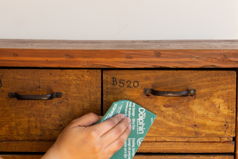 Prep sanding to help the wood accept the stain