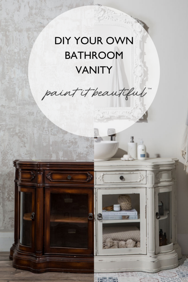 Pinterest pin showing before and after of painted bathroom vanity - Fusion Mineral Paint 