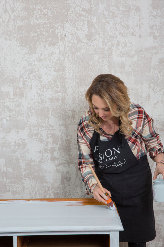 The top of dresser being painted in Little Whale