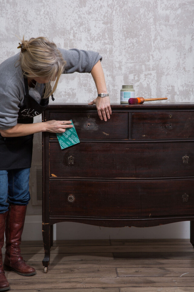 Prep Scuff sanding the dresser 