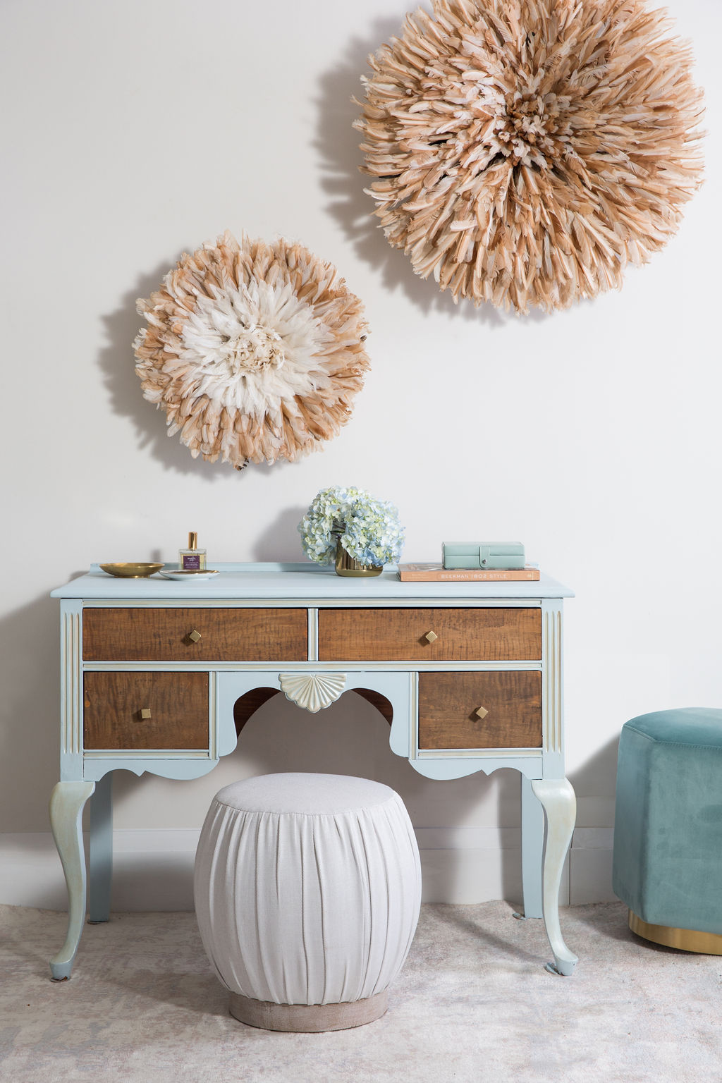 full shot of dressing table all staged with stool and accessories