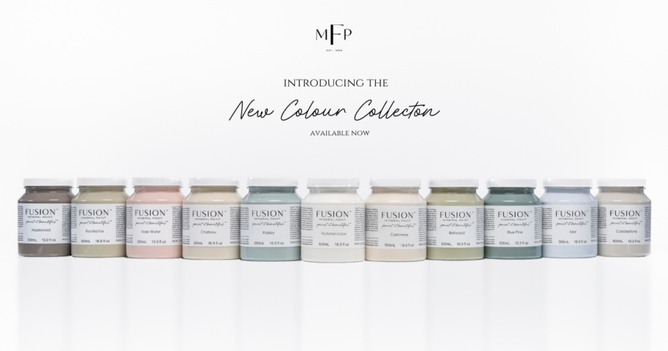 Fusion Mineral Paint colours colors Hazelwood Eucalyptus Rose Water Chateau Cashmere Paisley Victorian Lace Cobblestone Bellwood Blue Paint Mist 