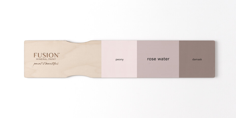 Paint stick painted with peony, rose water and damask side by side as a comparison chart