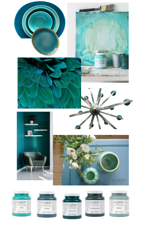 Deep teal mood board featuring pint of FMP, teal plant, teal side table, teal flowers, teal light and teal plates