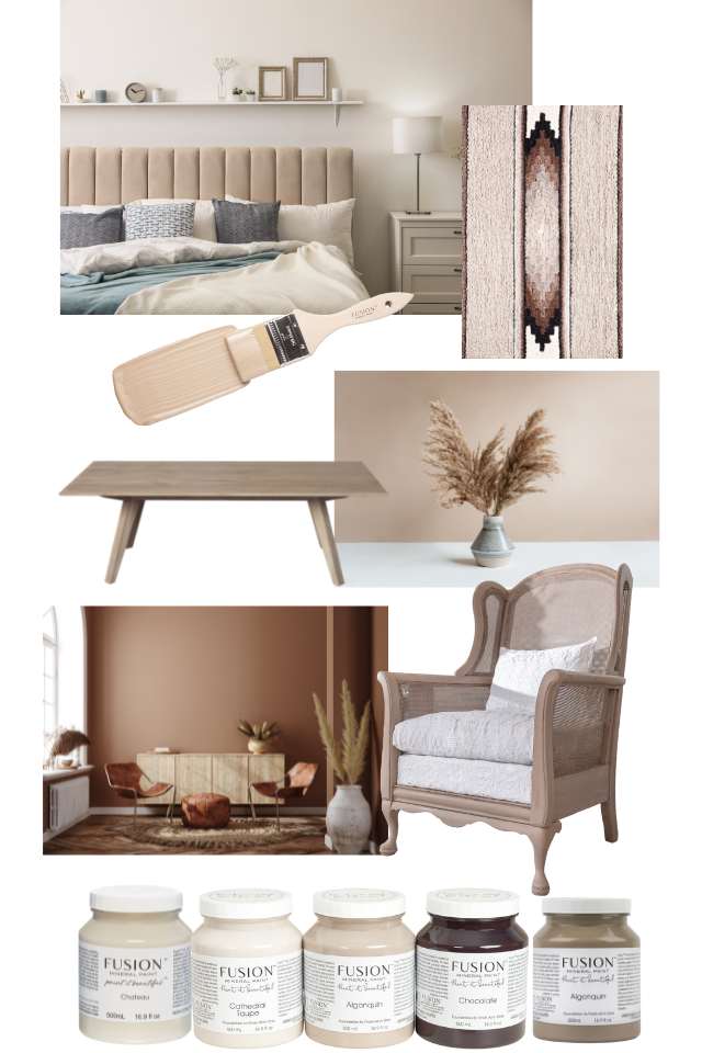 Taupe mood board featuring taupe wall, taupe chair, taupe feathers in a vase, taupe coffee table, paint brush with taupe paint on it, taupe mirror and taupe bedframe