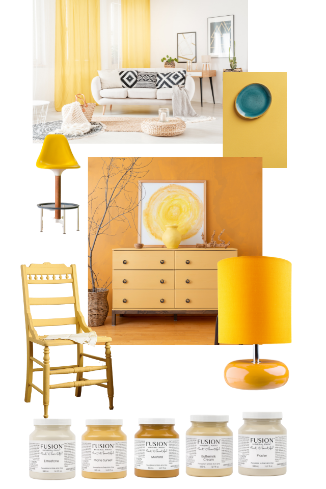 Vibrant yellow mood board featuring a yellow chair, yellow lamp, yellow dresser and yellow curtains