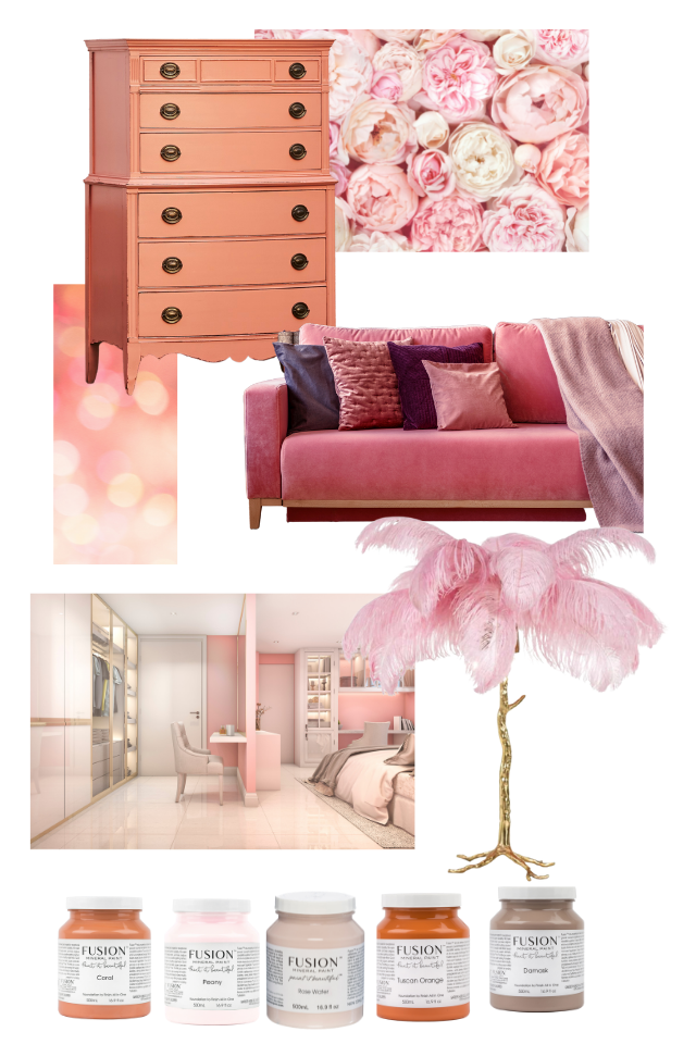 Pink mood board featuring a dusty pink dresser, a bright pink couch, a light pink lamp, light pink themed room and multi pink flowers
