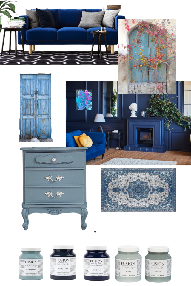Deep blue mood board featuring a side table, rug, blue theme room, dresser and rug