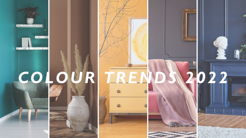 Colour Trends picture featuring parts of staged rooms in taupe, pink, yellow, blue and teal