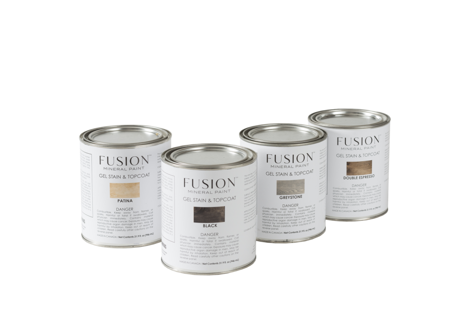 Four cans of gel stain in different colours Fusion Topcoats