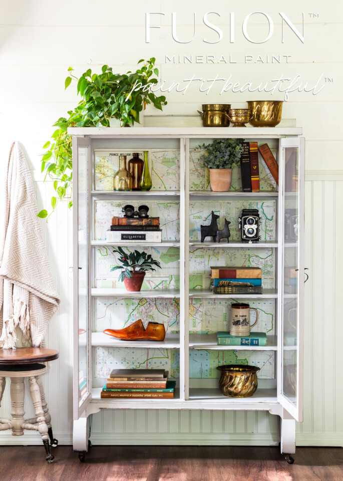 Staged cabinet with vintage decor