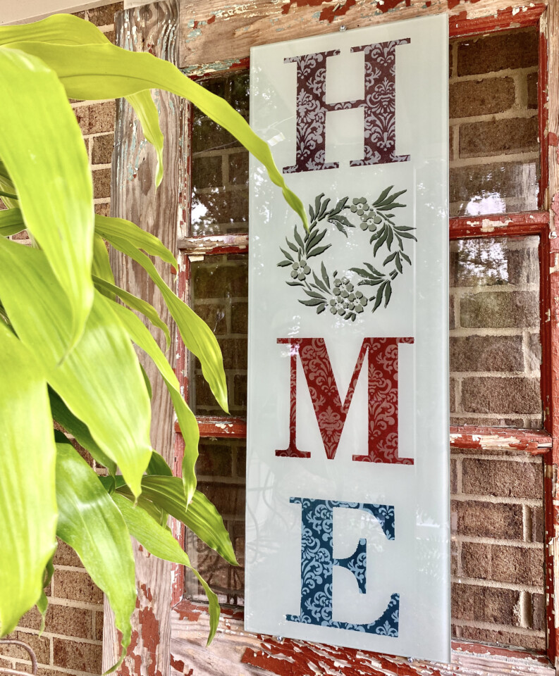 Stencilled and painted HOME glass sign