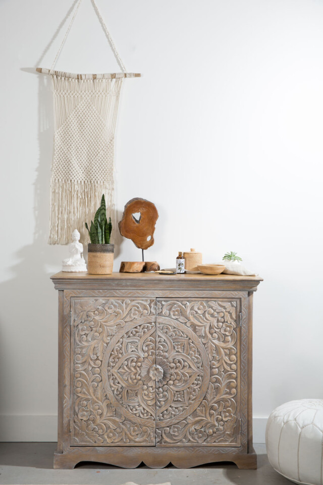 Staged boho style bedside table