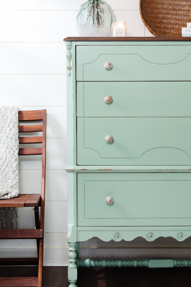painted dresser staged with beachy, coastal decor