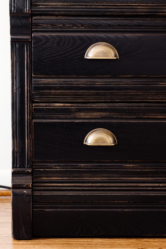 close up of distressing on dresser drawers