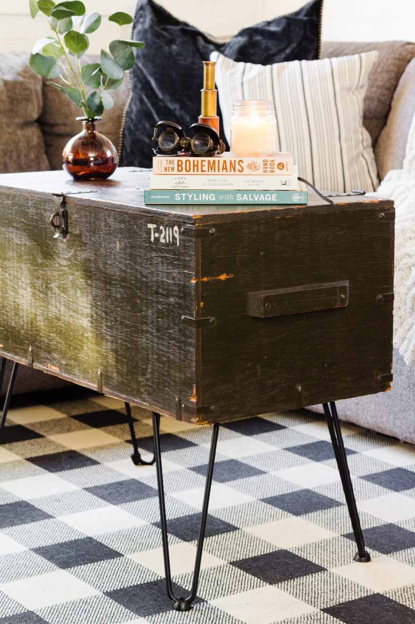 Staged military chest turned into coffee table, plant and coffee table books sitting on top & grey coach with blue and striped pillows - preserve patina