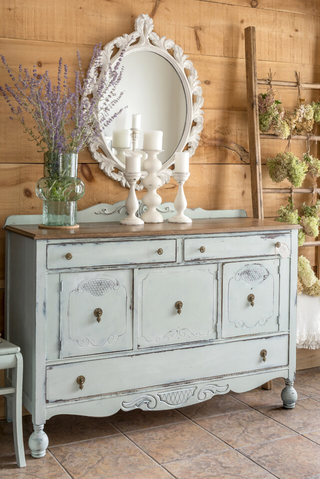 dresser with mirror and candelsticks - Inglenook Soft Green - Grey