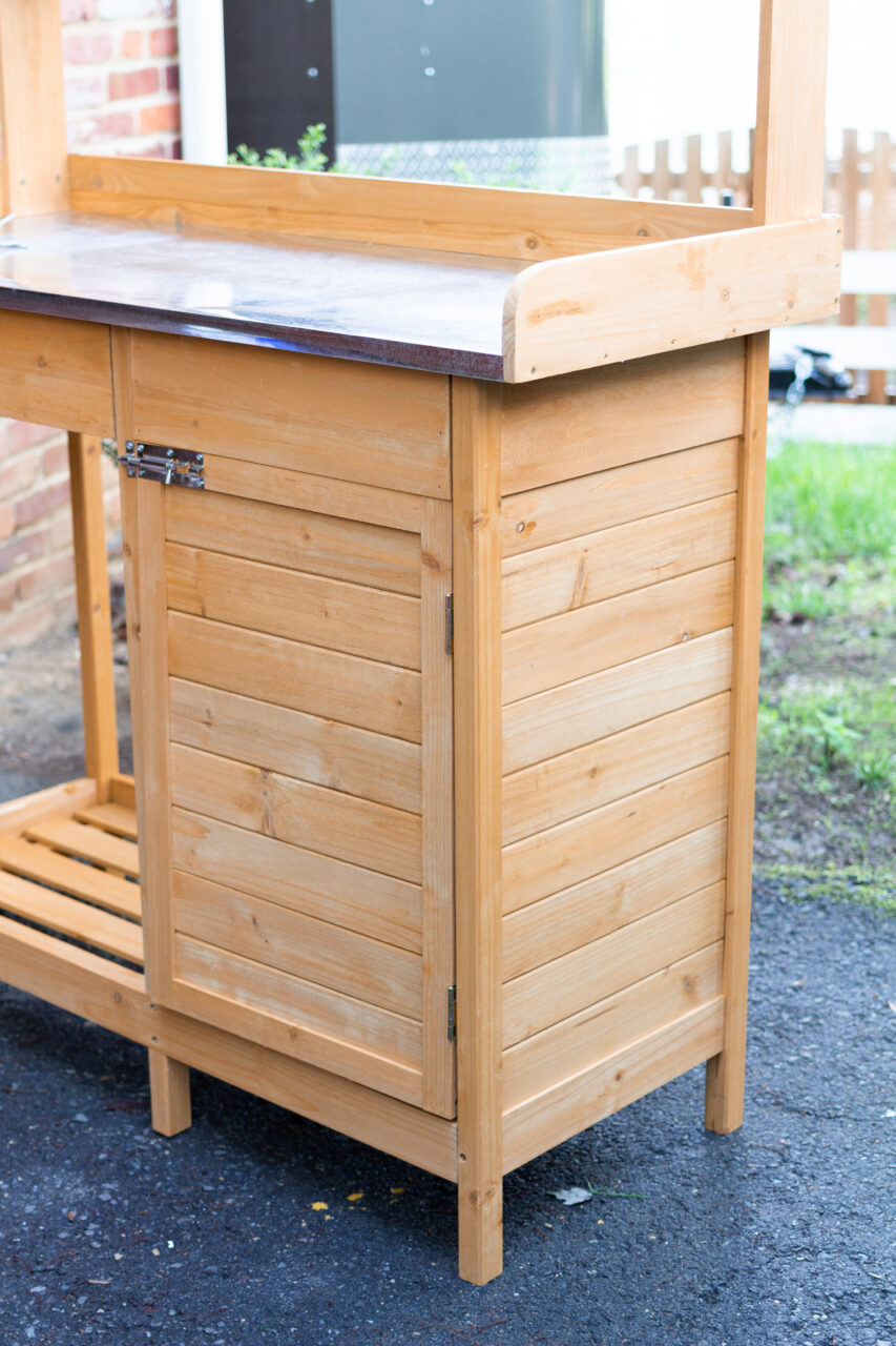  Outdoor Bar / raw wood potting bench, close up image of the cabinet