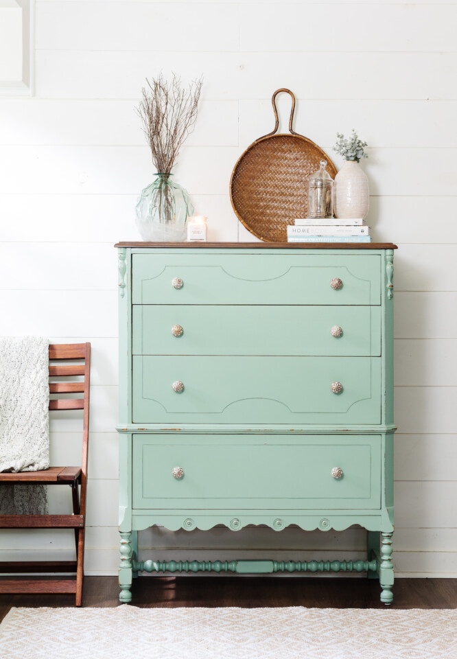 painted dresser staged with beachy, coastal decor
