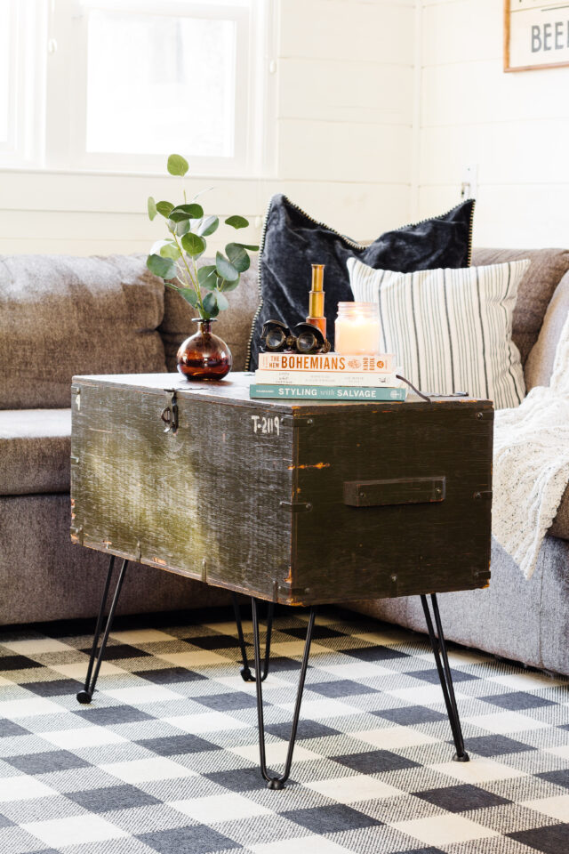 Staged military chest turned into coffee table, plant and coffee table books sitting on top & grey coach with blue and striped pillows