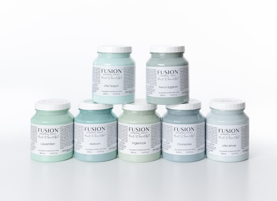 fusion paint pints stacked in a pyramid - Inglenook Soft Green - Grey
