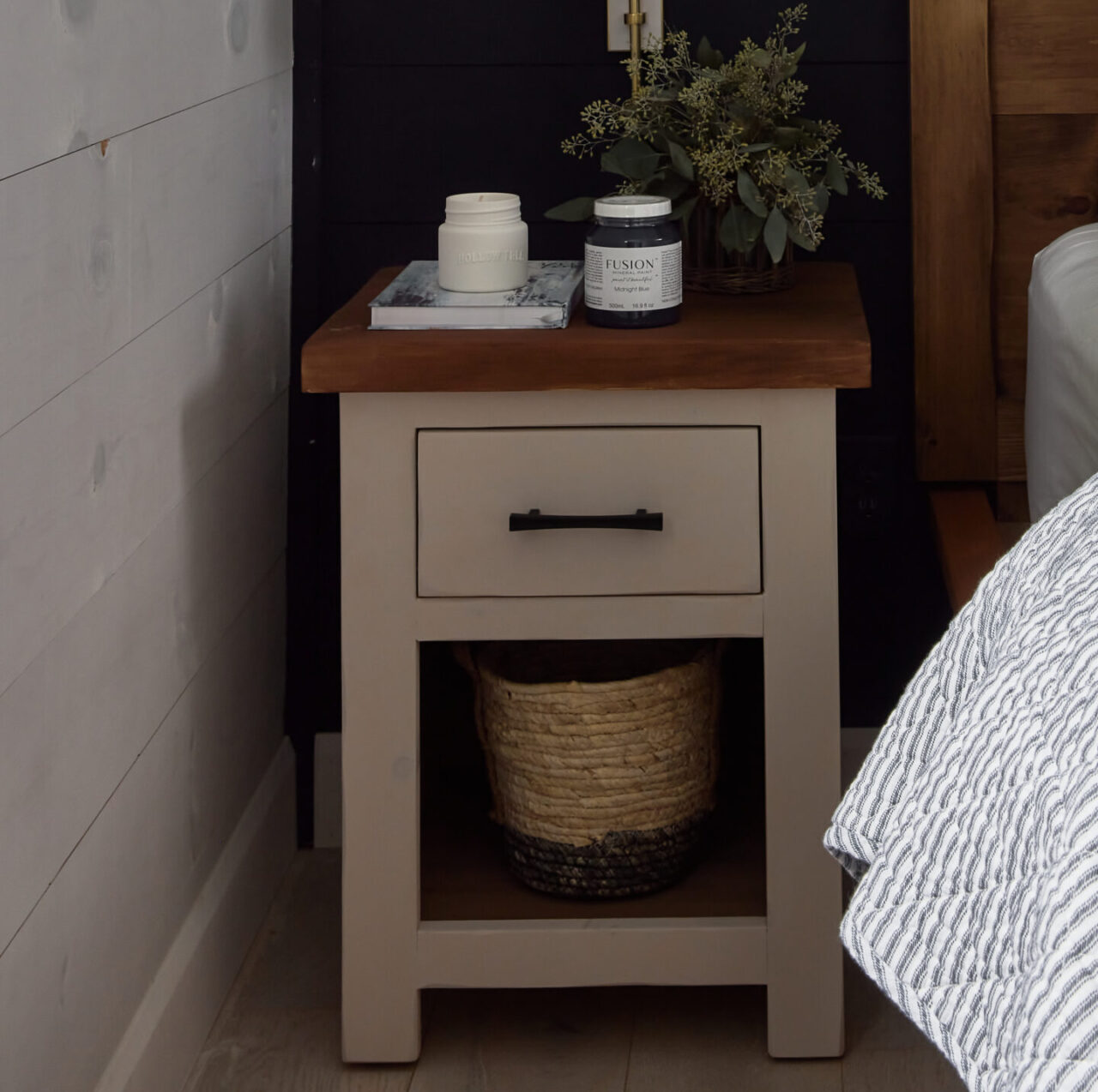 cottage makeover series / staged bedside table and bedframe