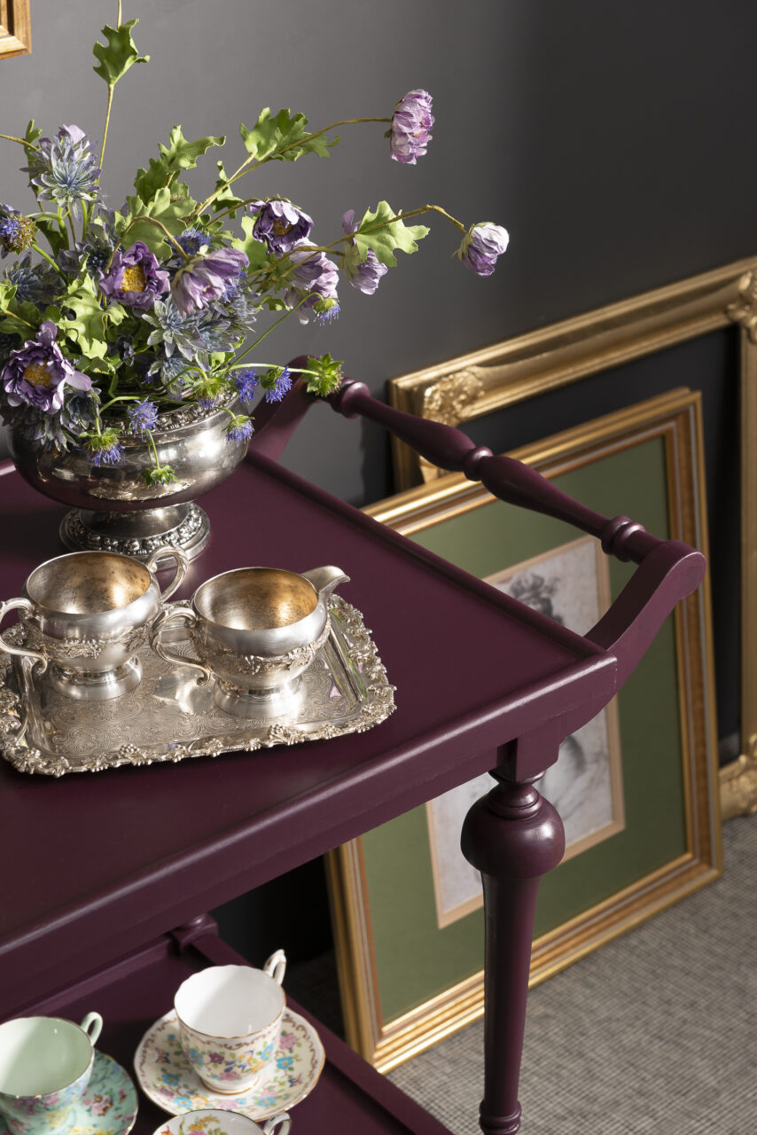 staged tea cart painted with elderberry