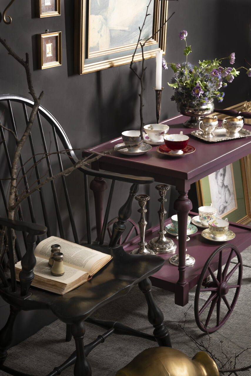 staged tea cart painted with elderberry