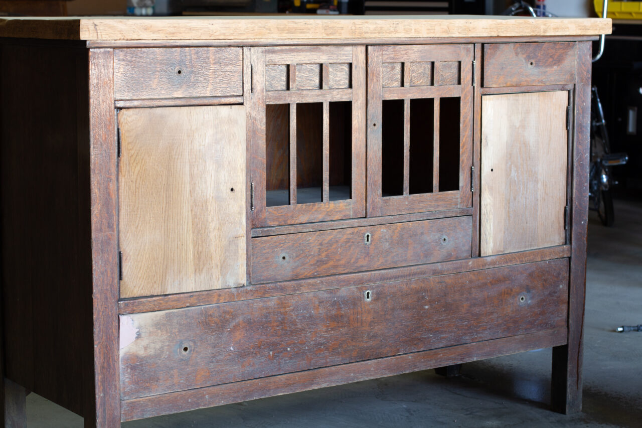 old cabinet after sanding and removing veneer