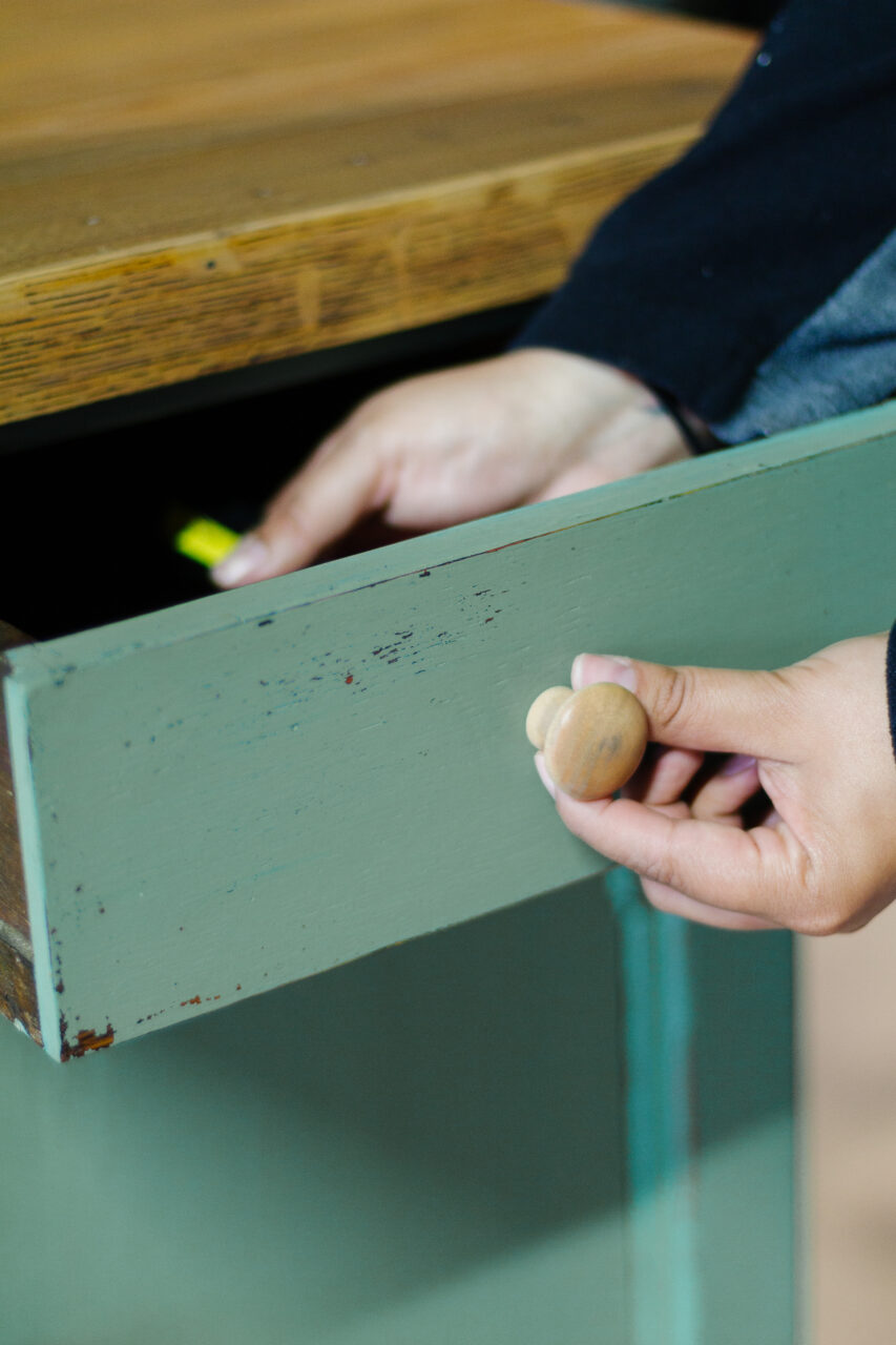 Staged cabinet painted in Stockholm Green a New HH Milk Paint Colour