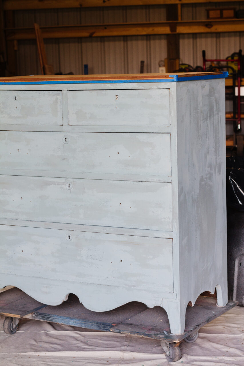 dresser after first coat of solstice blue