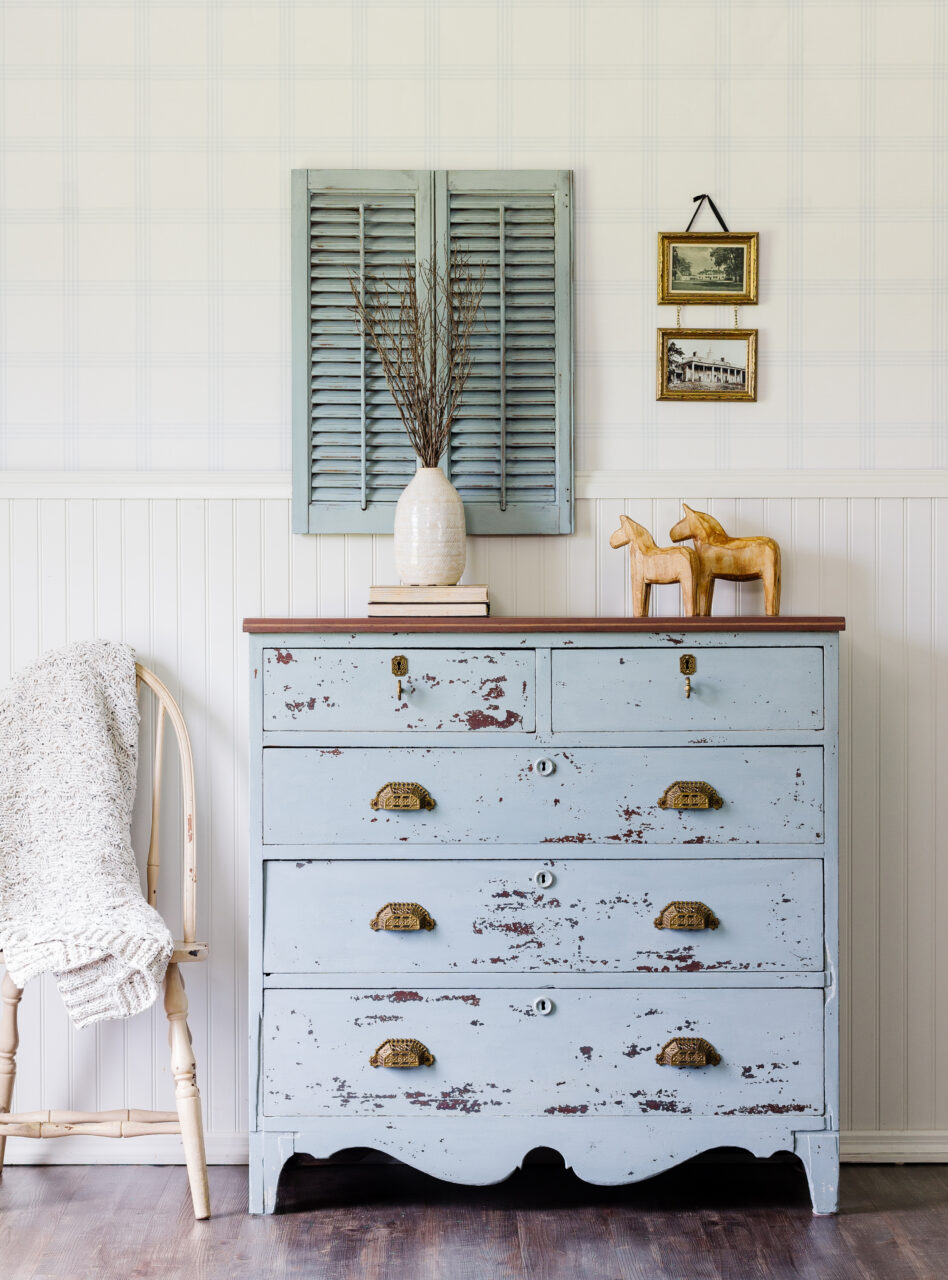 staged dresser painted in Solstice Blue a New HH Milk Paint Colour