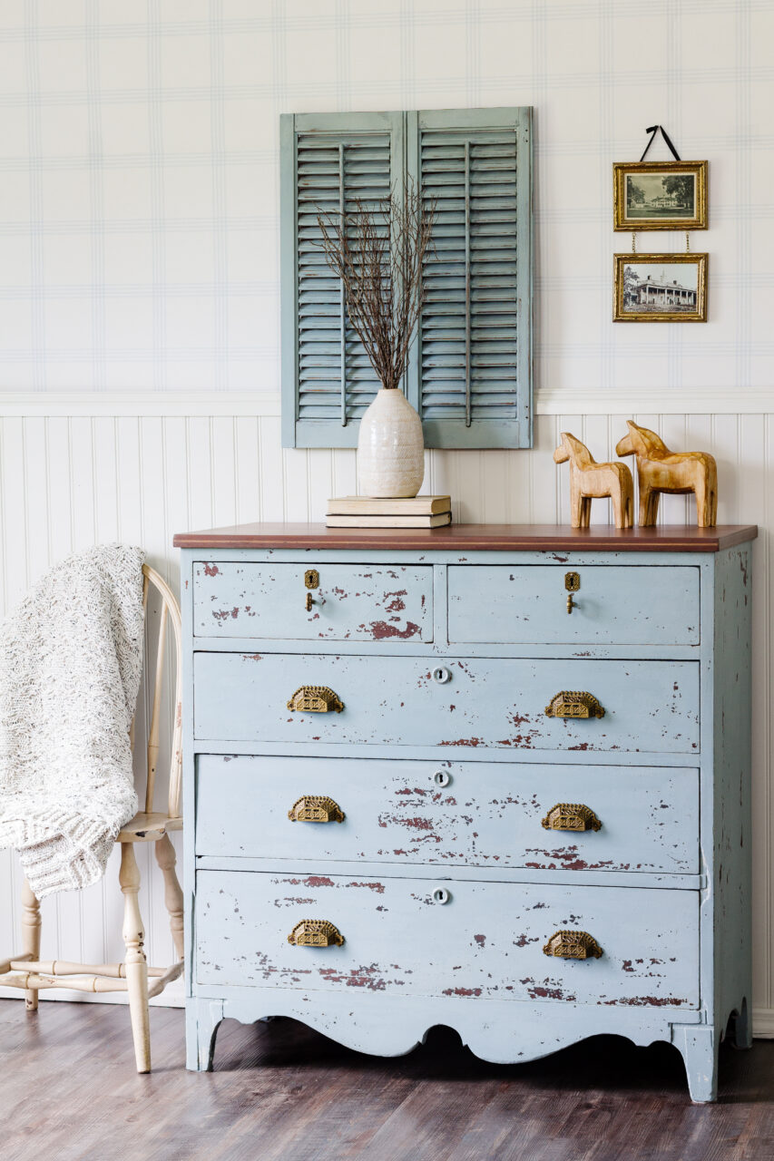 staged dresser painted in Solstice Blue a New HH Milk Paint Colour