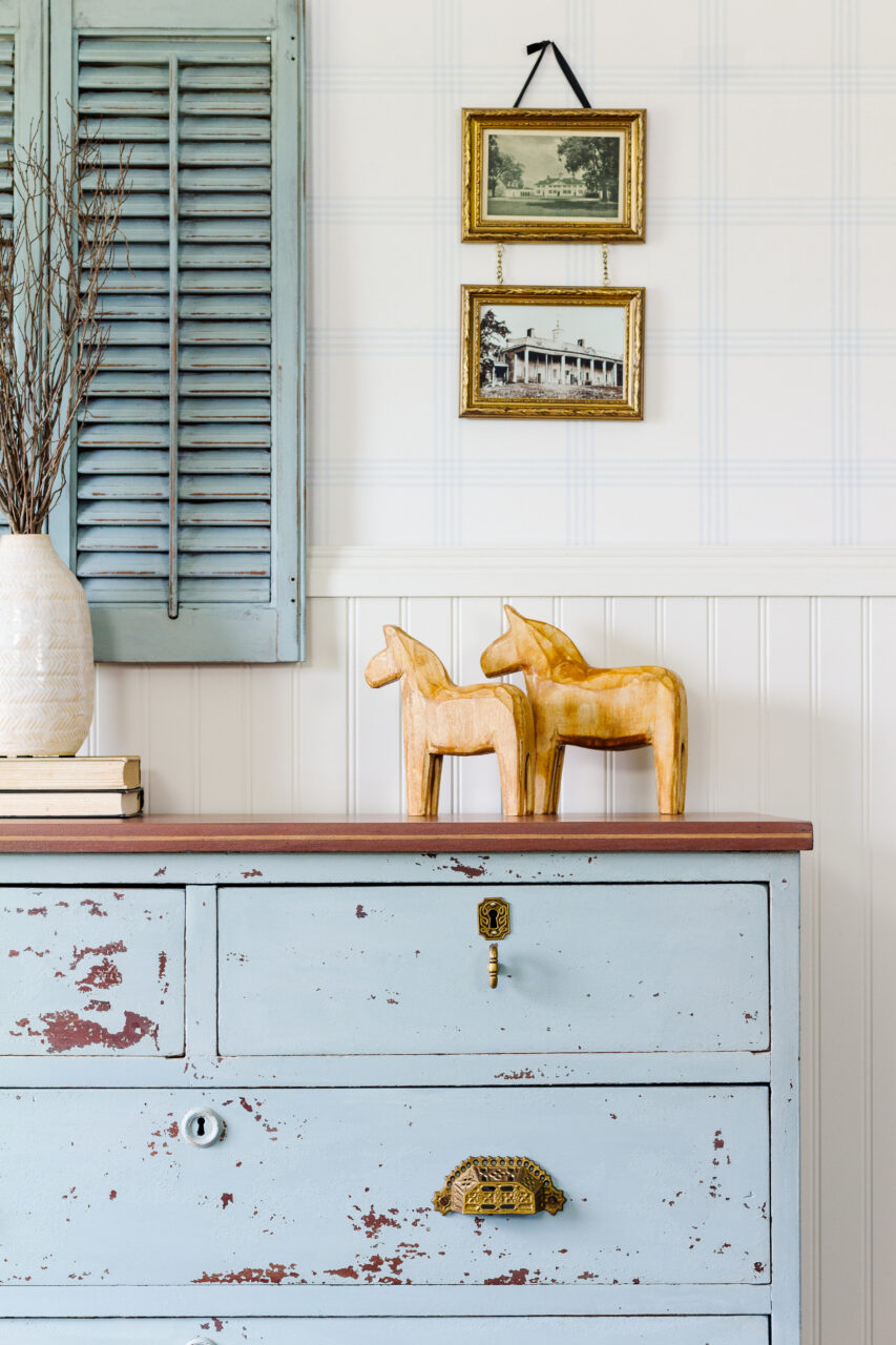 staged dresser painted in Solstice Blue a New HH Milk Paint Colour