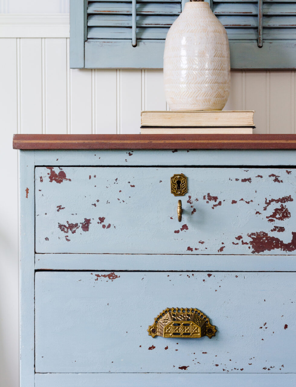 staged dresser painted in Solstice Blue a New HH Milk Paint Colour
