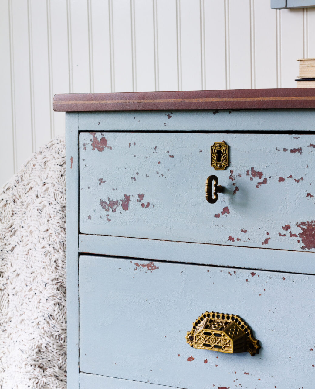 staged dresser painted in Solstice Blue a New HH Milk Paint Colour