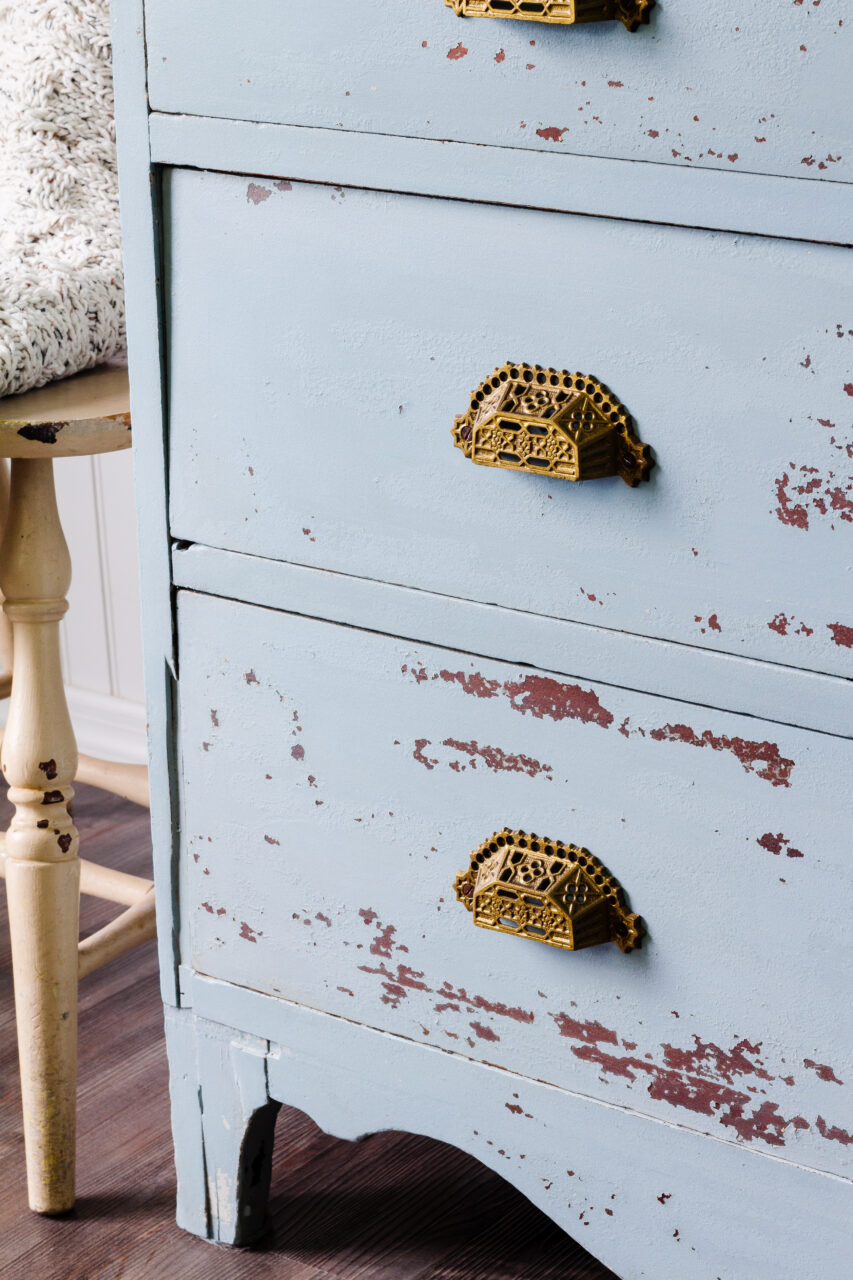 staged dresser painted in Solstice Blue a New HH Milk Paint Colour