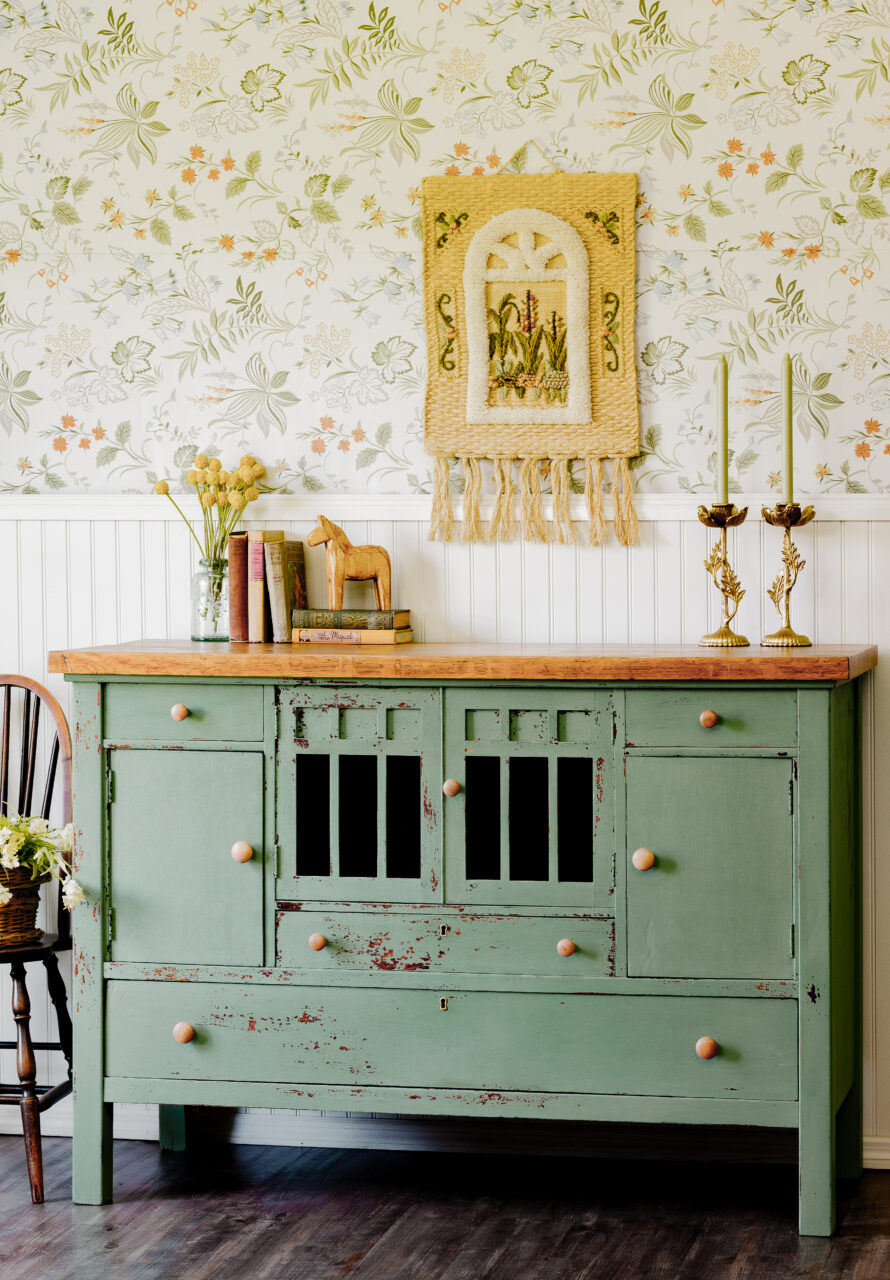 Staged cabinet painted in Stockholm Green a New HH Milk Paint Colour