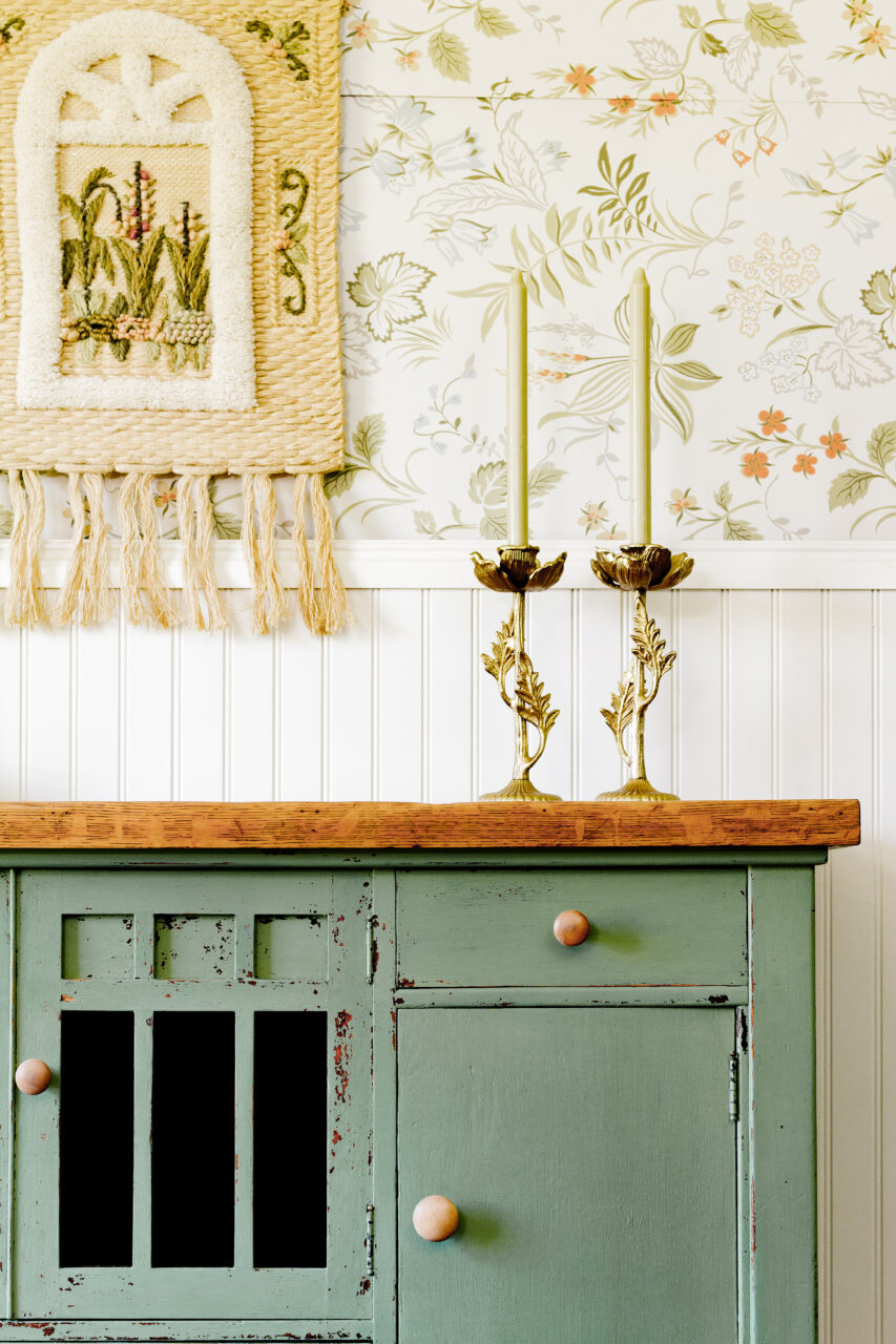 Staged cabinet painted in Stockholm Green a New HH Milk Paint Colour