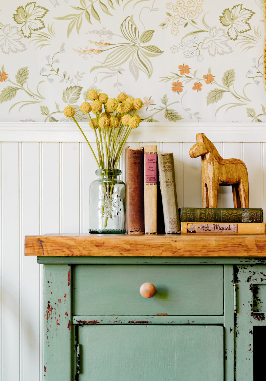 Staged cabinet painted in Stockholm Green a New HH Milk Paint Colour