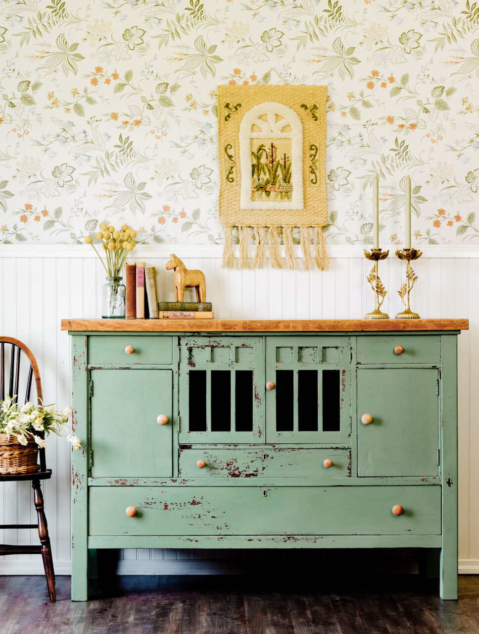 Staged cabinet painted in Stockholm Green a New HH Milk Paint Colour